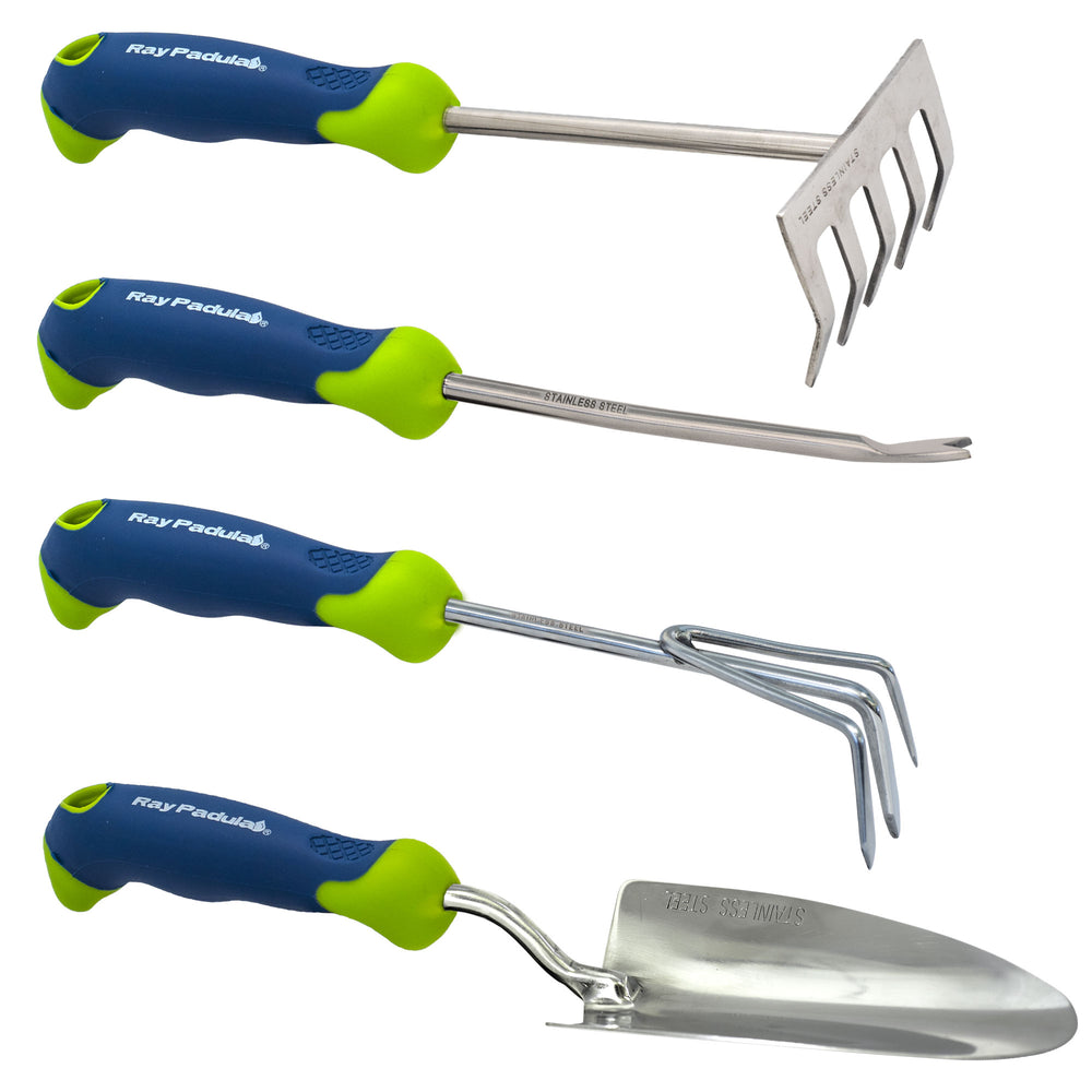 Stainless Steel Comfi-Grip Handheld Garden Tool Trowel, Cultivator, Weeder, and Rake Set (4-Pack)