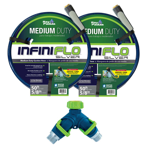 5/8 in. x 50 ft. Medium Duty Garden Hose with Thumb Control 2-Way Splitter Set (3-Pack)