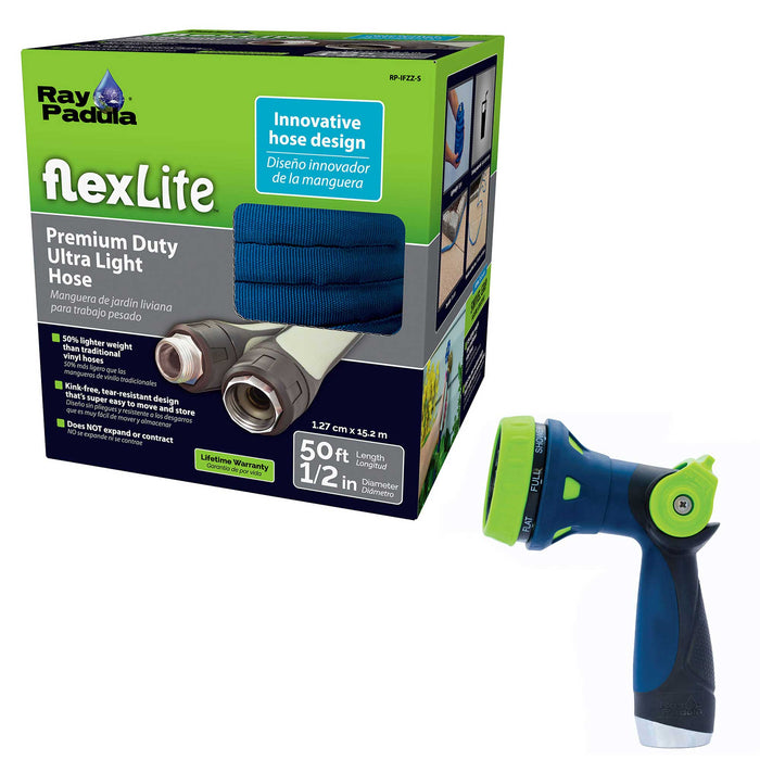 50 ft. FlexLite Premium Lightweight Hose with Thumb Control 8-Pattern Hose Nozzle Set (2-Pack)
