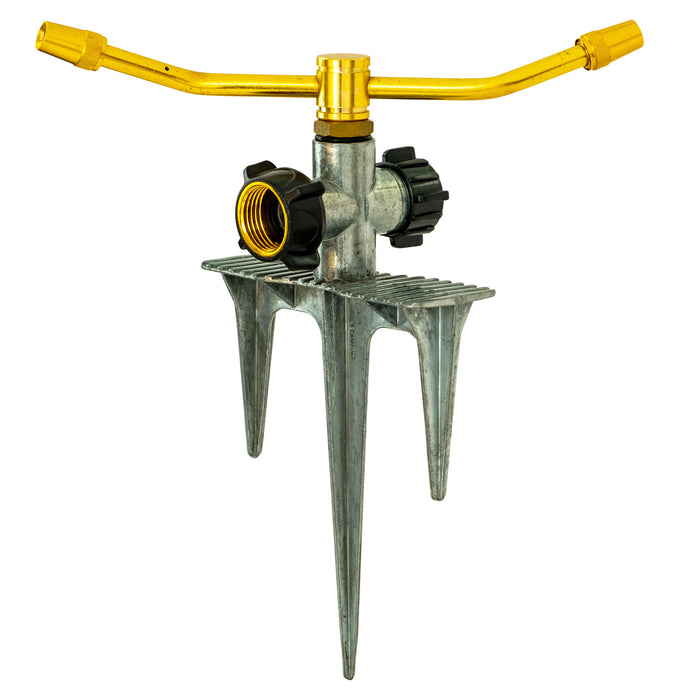 Brass 2-Arm Revolving Sprinkler on In-Series 3-Prong Metal Step Spike